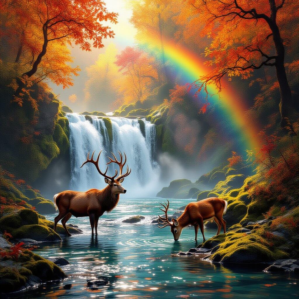Majestic Autumn Waterfall with Deer in Golden Sunlight