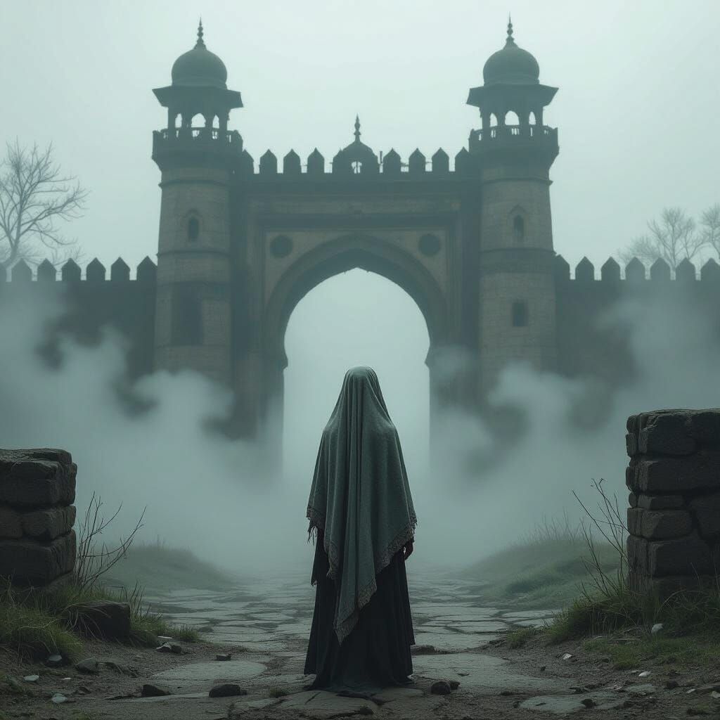 Eerie Girl in Fog: Hyperrealistic Horror Landscape