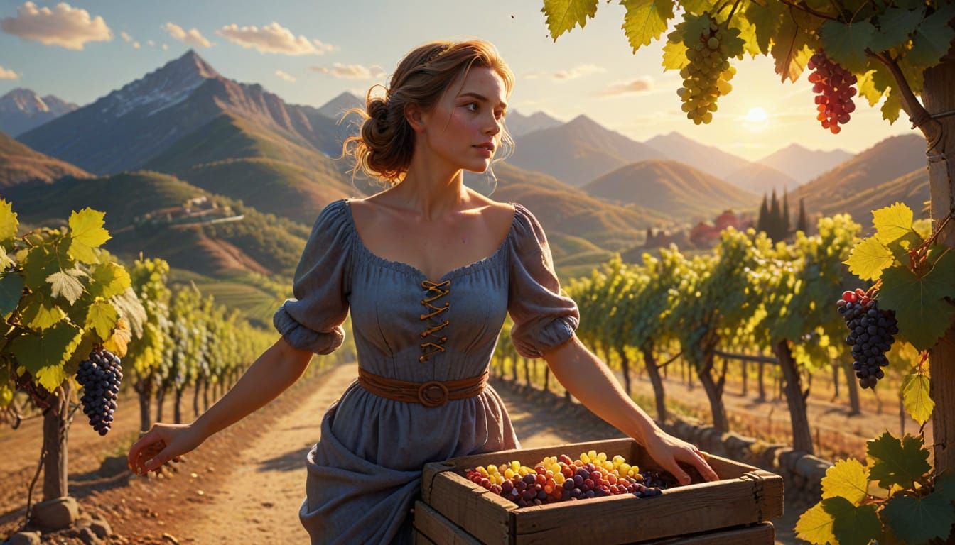 Grape Harvest: Woman Treading in Vineyard