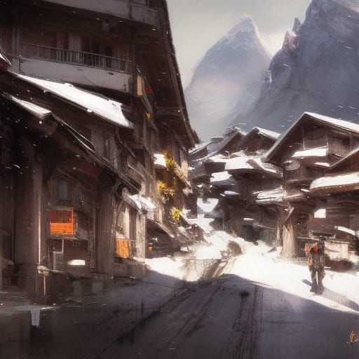 Pyrenees Mountain Town, Painterly Style