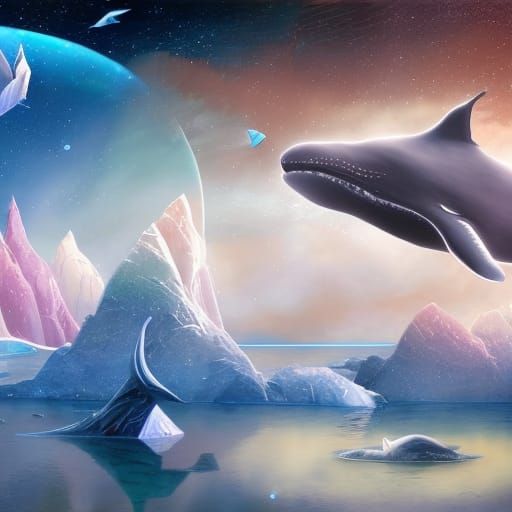 Mystical Whales Fly Through Galactic Sky