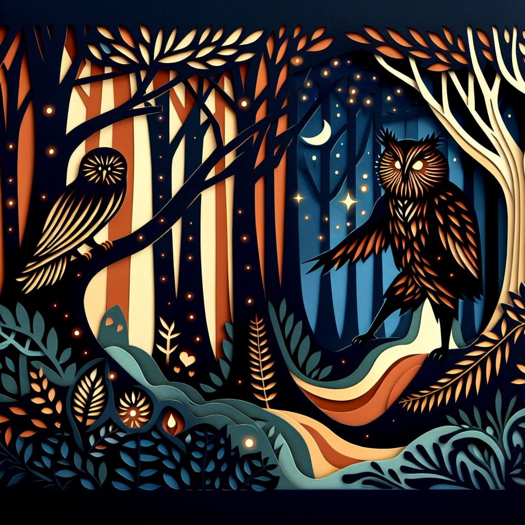 Whimsical Papercut Owl-Man in Dark Forest