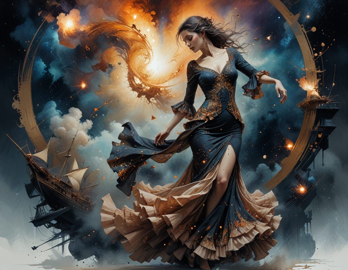 Flamenco Dancer on Nebula with Spanish Galleons