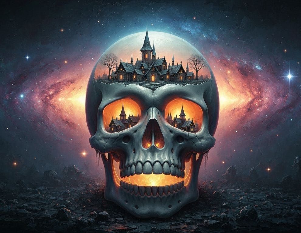 Faerie Village Inside Glowing Skull Oil Painting