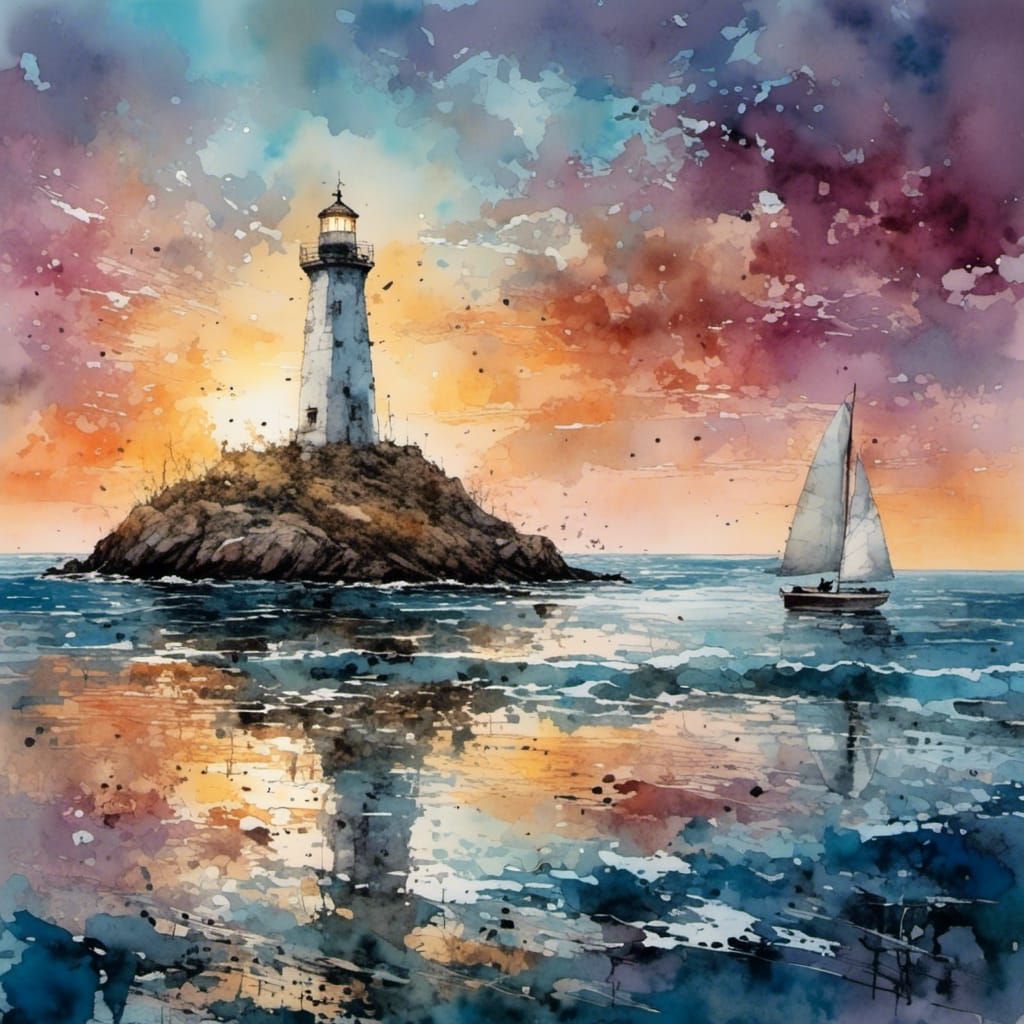 Sailboat at Sunset Passing Lighthouse in Chromaflow Style