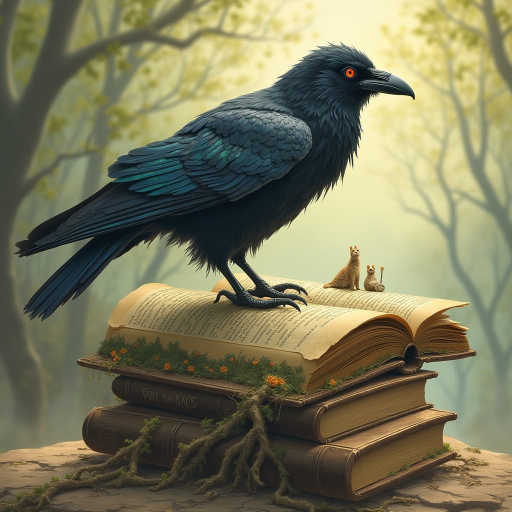 Raven on Ancient Book Revealing Miniature Worlds