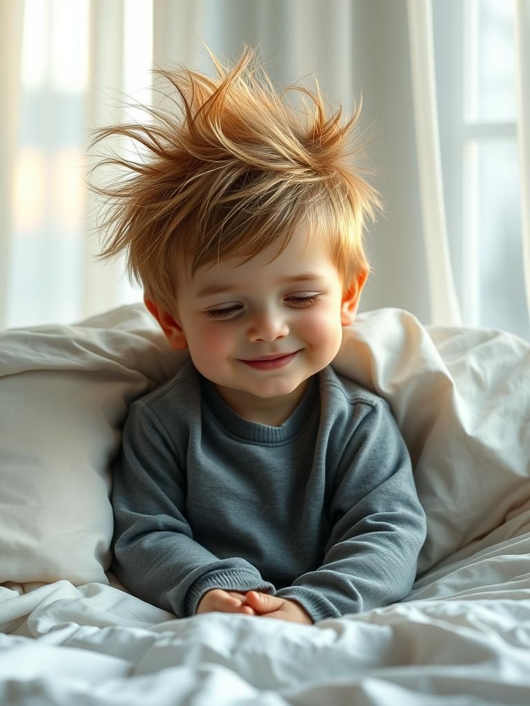 Hyper-Realistic Boy Wakes Up in Cozy Bedroom