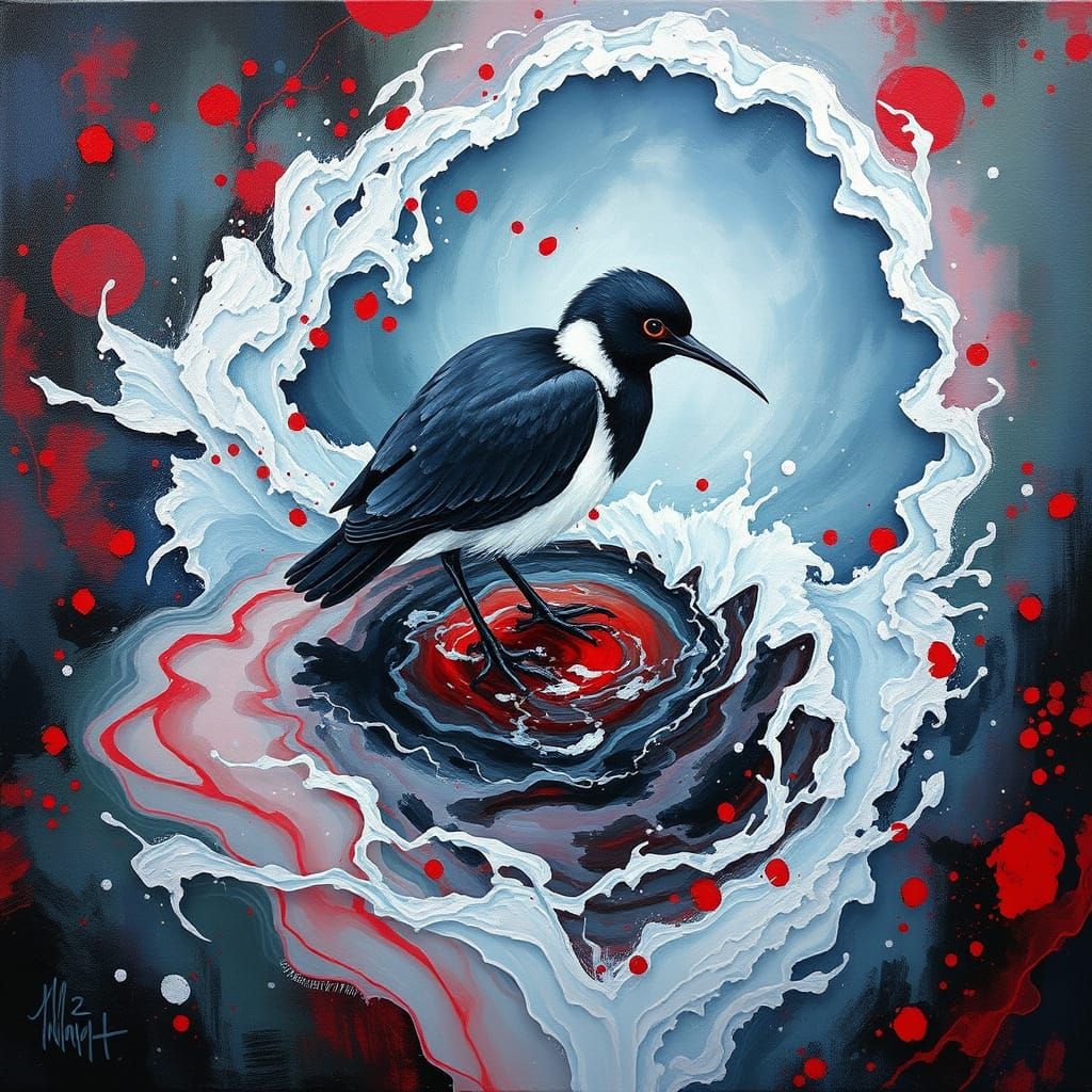 Surrealist Landscape with Flowing Water and Abstract Faces