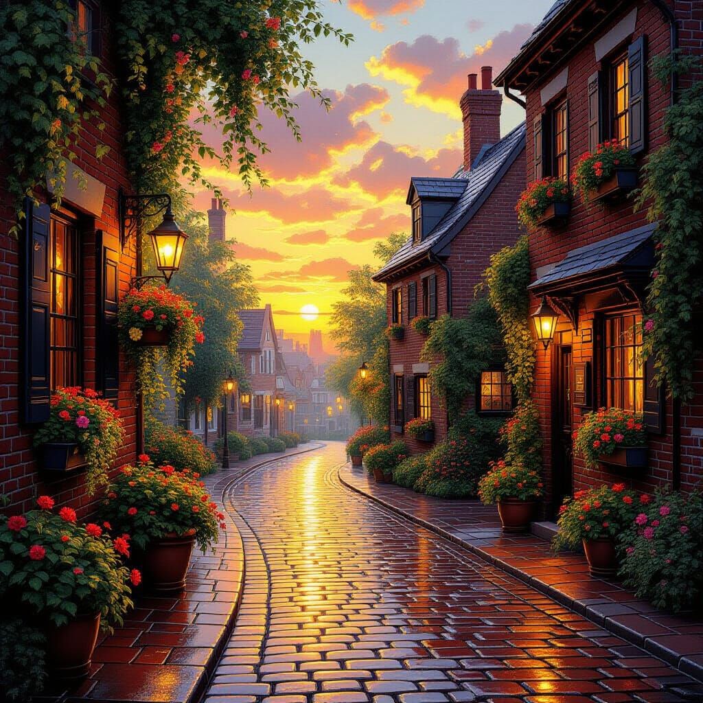 Golden Sunset Reflects on Wet Cobblestone Street