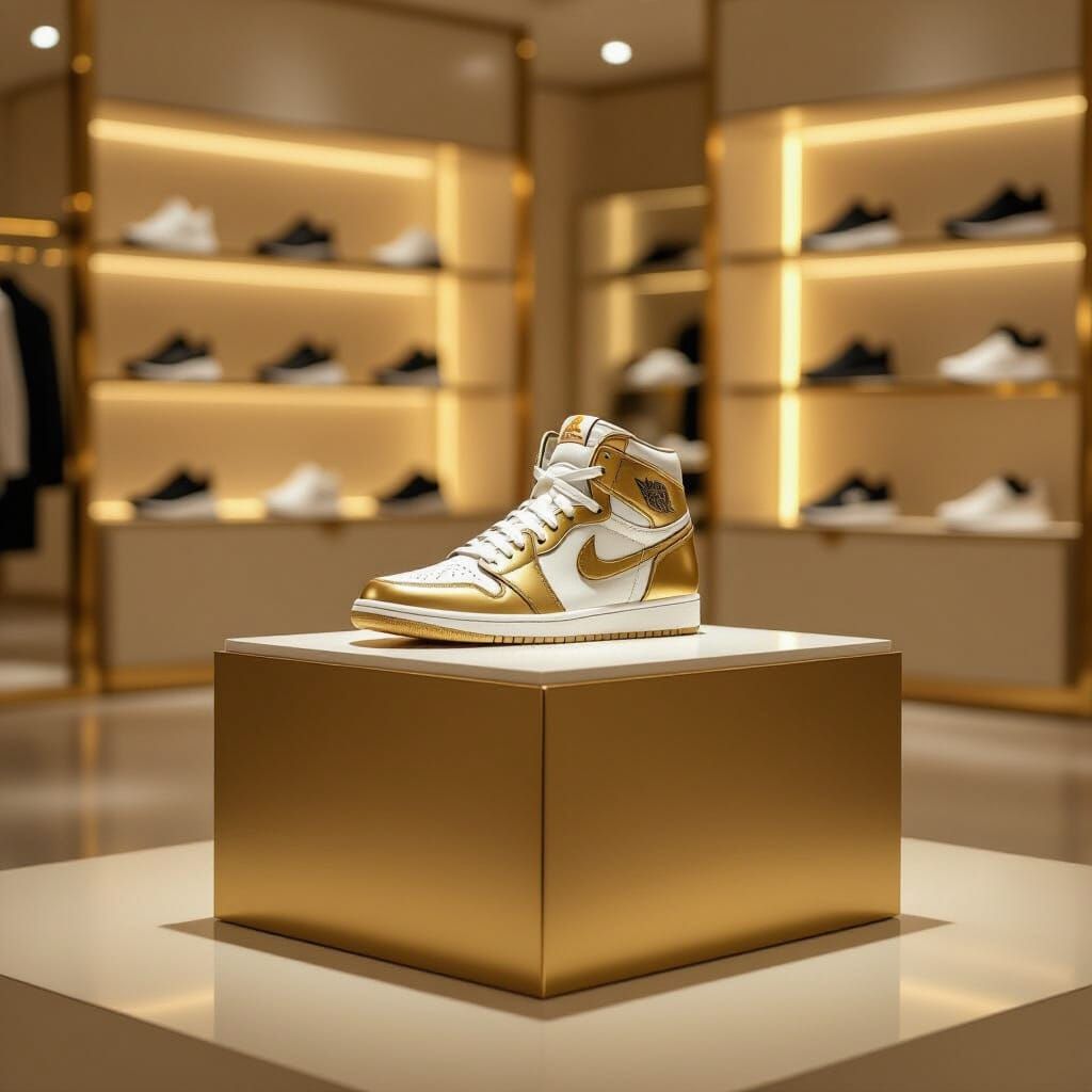 Golden Display Podium for High-End Sneaker in Shoe Store