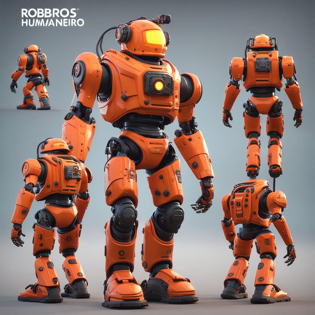 Orange Humanoid Firefighter Robots in 3D Game Style