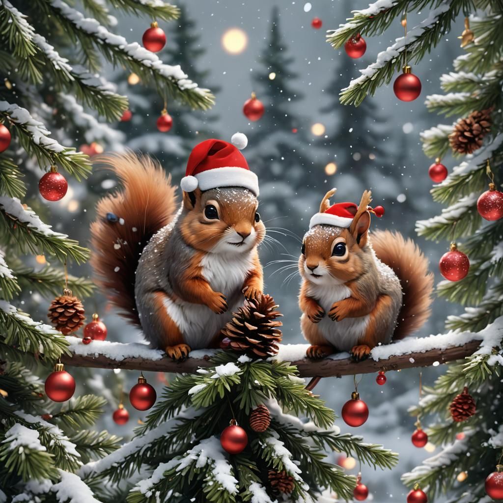 Squirrels Decorating Christmas Tree: 3D Anime Art