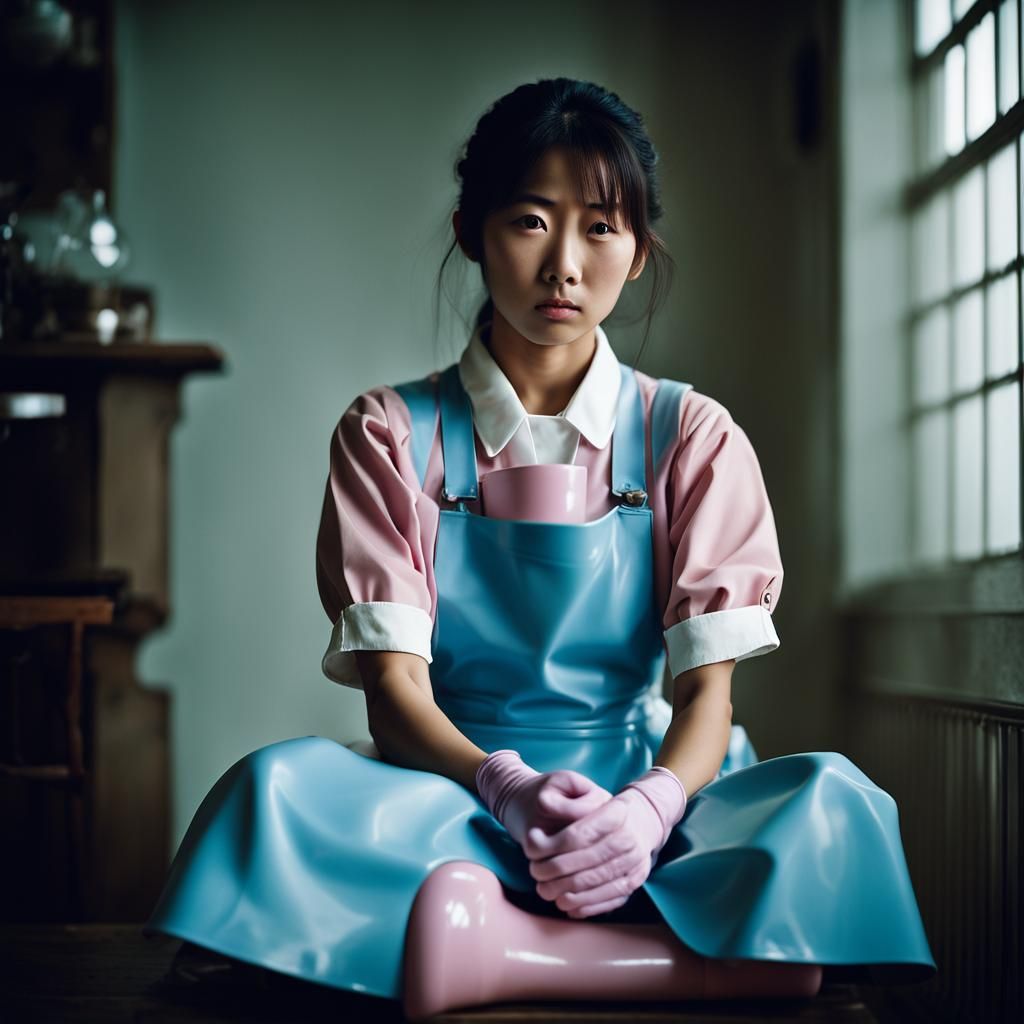 Sad Japanese Woman in Rubber Workwear: Cinematic Still