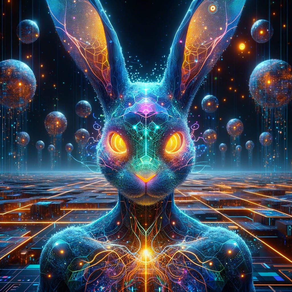 Cybernetic Rabbit Hacker in Neon Dystopian Megacity