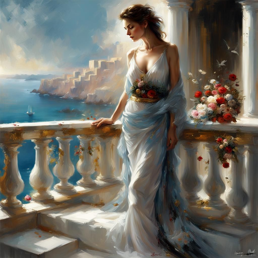 Woman on Balcony in Dramatic, Detailed Style