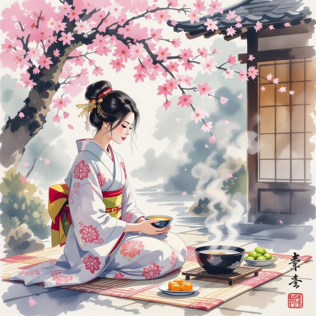 Serene Woman Under Cherry Blossoms in Yamato-e Style