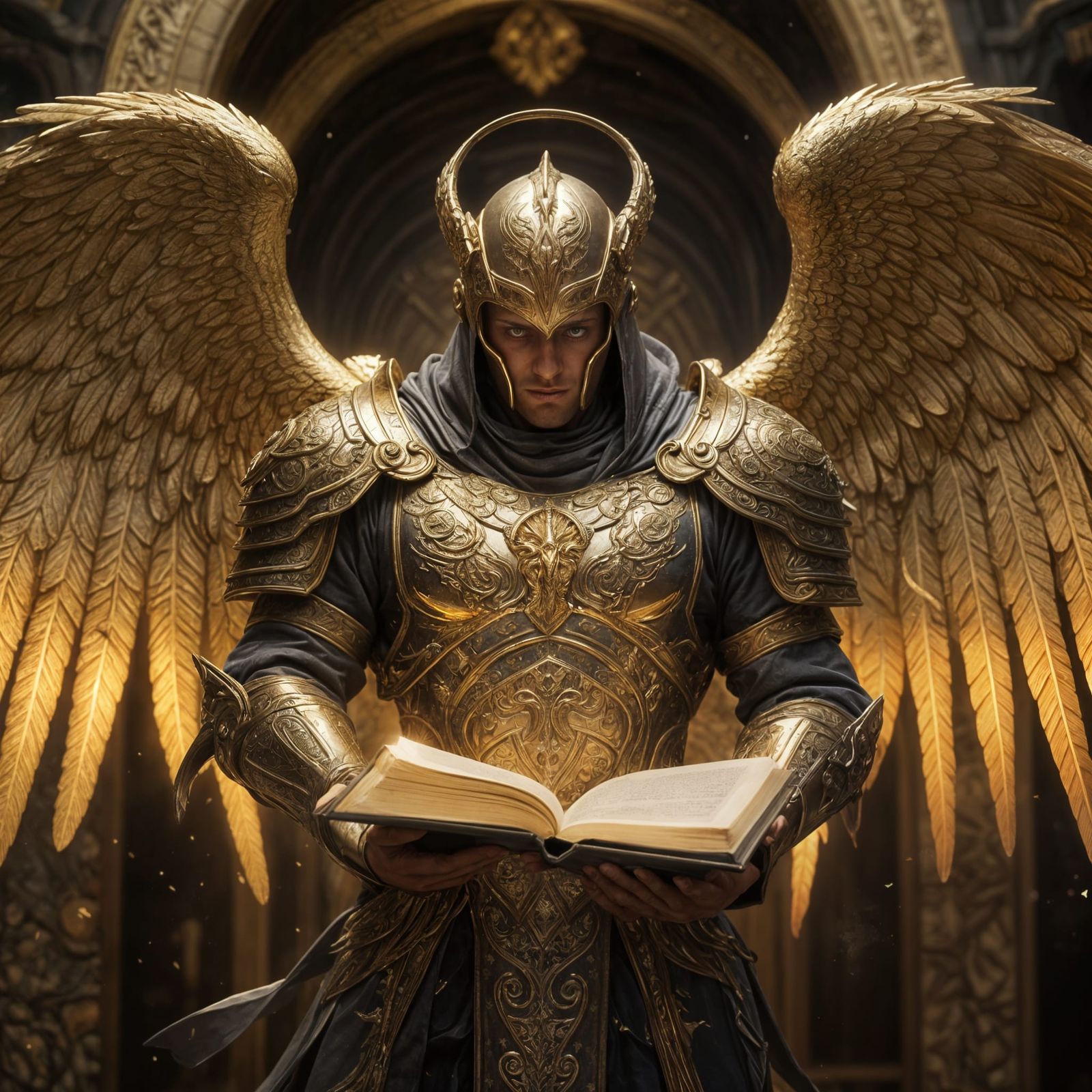 Golden Archangel in Cosmic Library Holding Tome and Sword