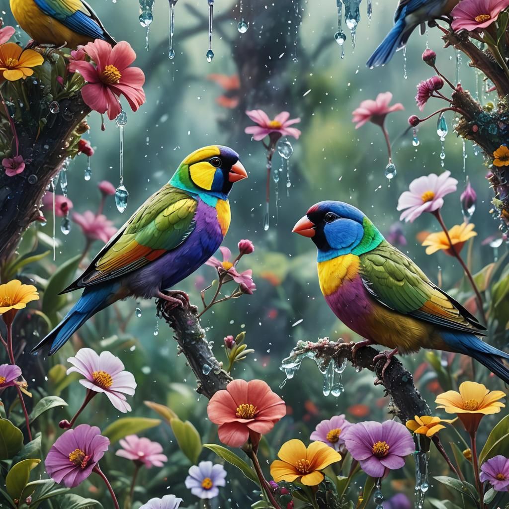 Gouldian Finches in Digital Double Exposure Style