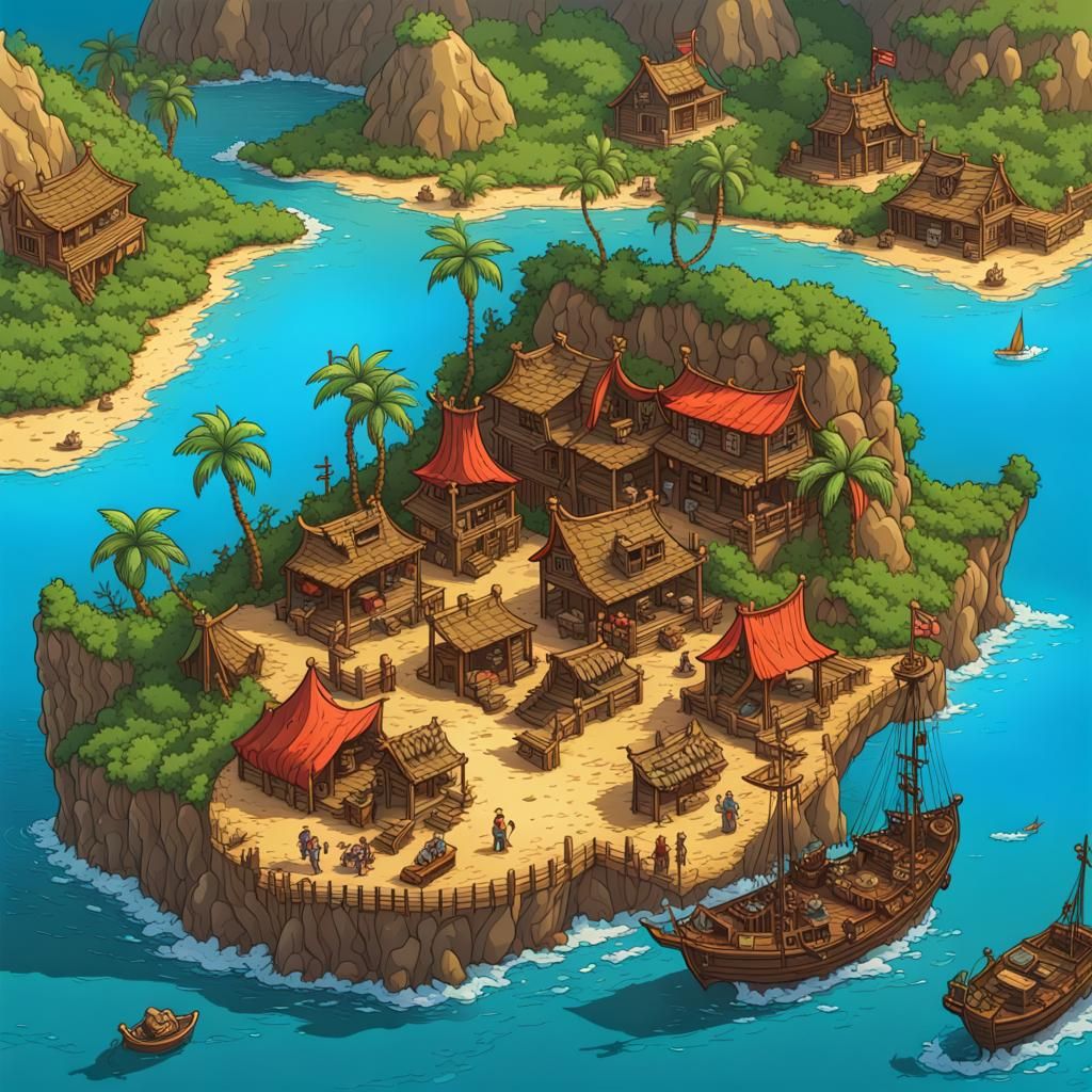 Caribbean Pirate Town Map in Comic Book Style