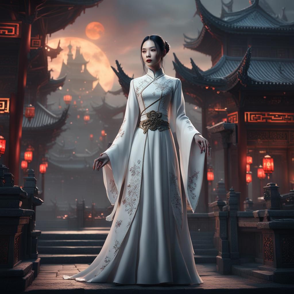 Chinese Vampire in White Dress: Fantasy Art