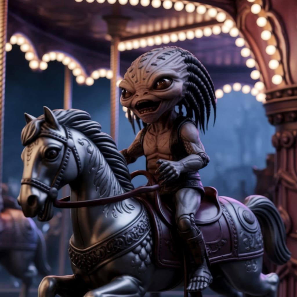 Baby Yautja Predator Rides Antique Carousel Horse