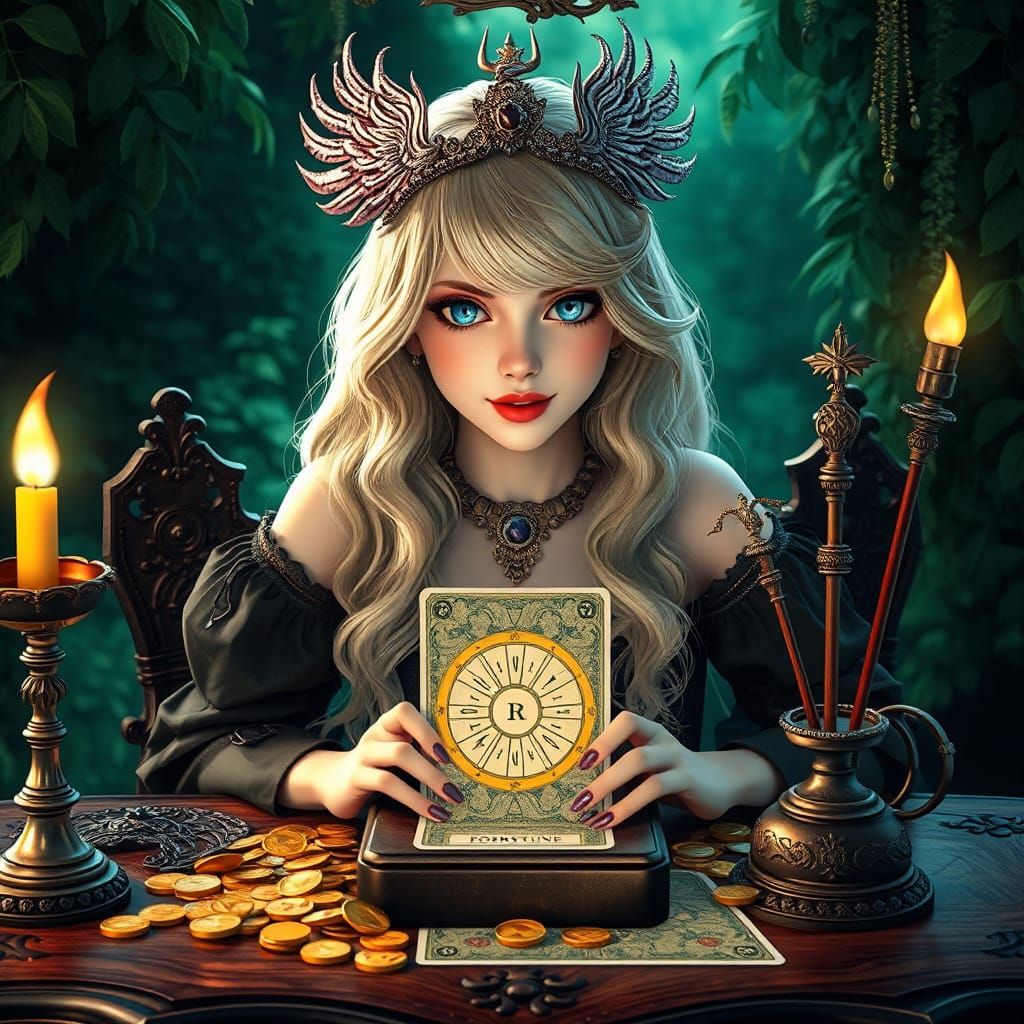 Anime Tarot Reader with Phoenix Headdress in 8K