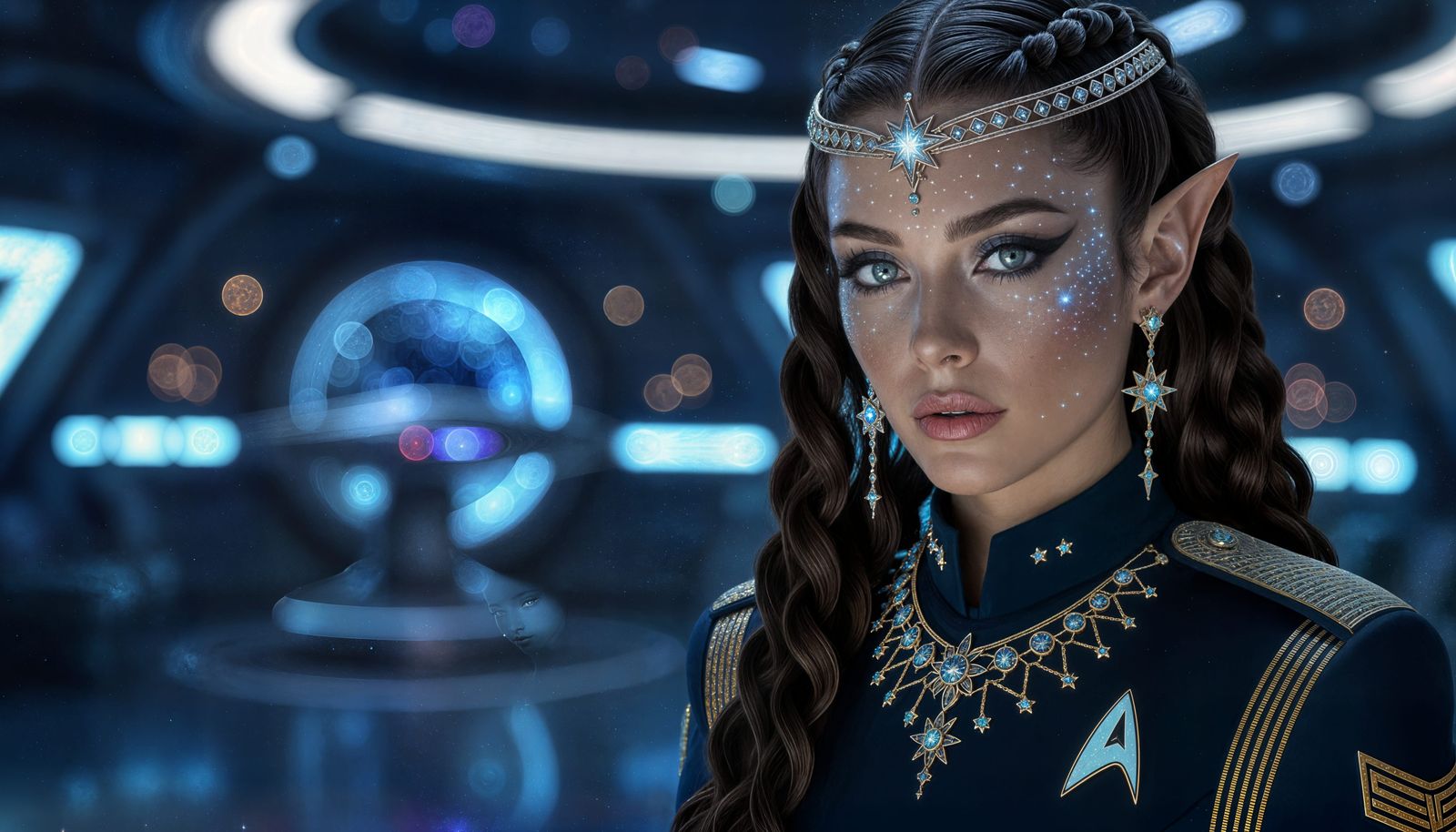 Bohemian Alien in Star Trek Uniform on Spaceship Deck