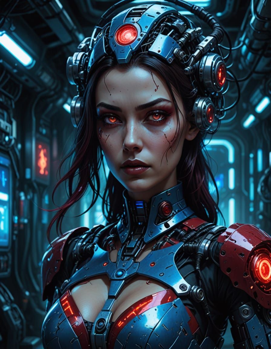 Cybernetic Nurse in Mechanical Hospital, Dark Sci-Fi Art