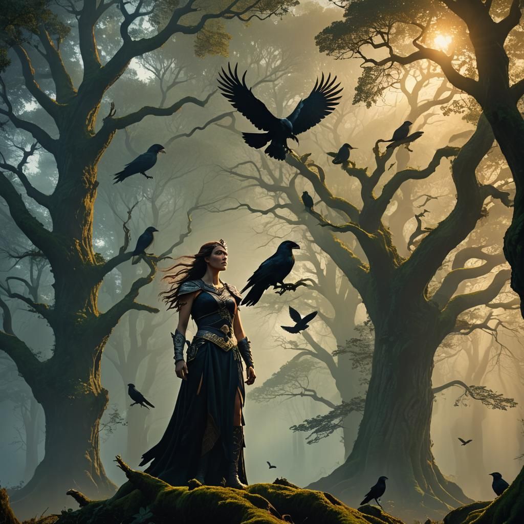 Morrigan, Celtic Goddess in Mystical Forest