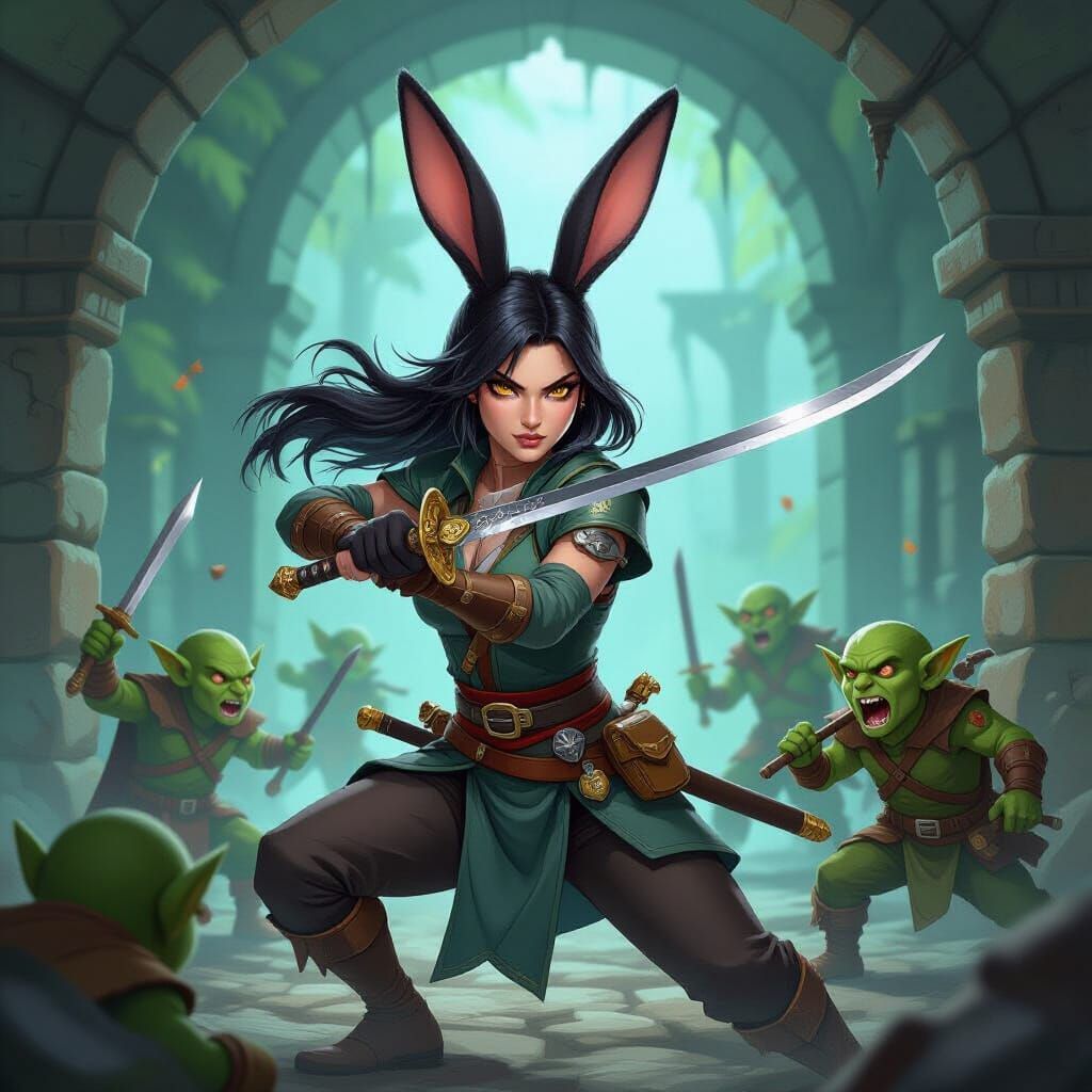 Rabbit Warrior Fights Goblins in Dungeon
