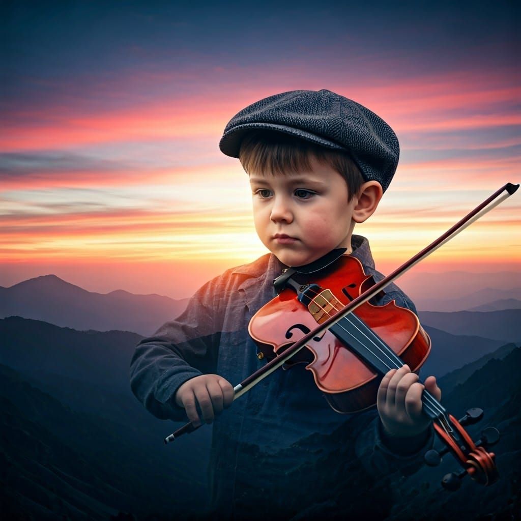 Boy Violinist's Misty Mountain Sunrise Silhouette