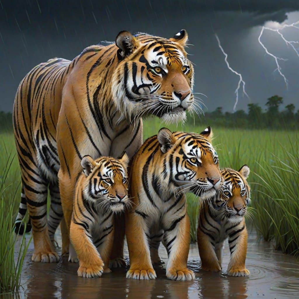 Dramatic Tiger Family Weathering a Storm