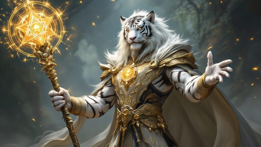 Epic Fantasy Digital Painting of a Refined Tiger-Human Encha...