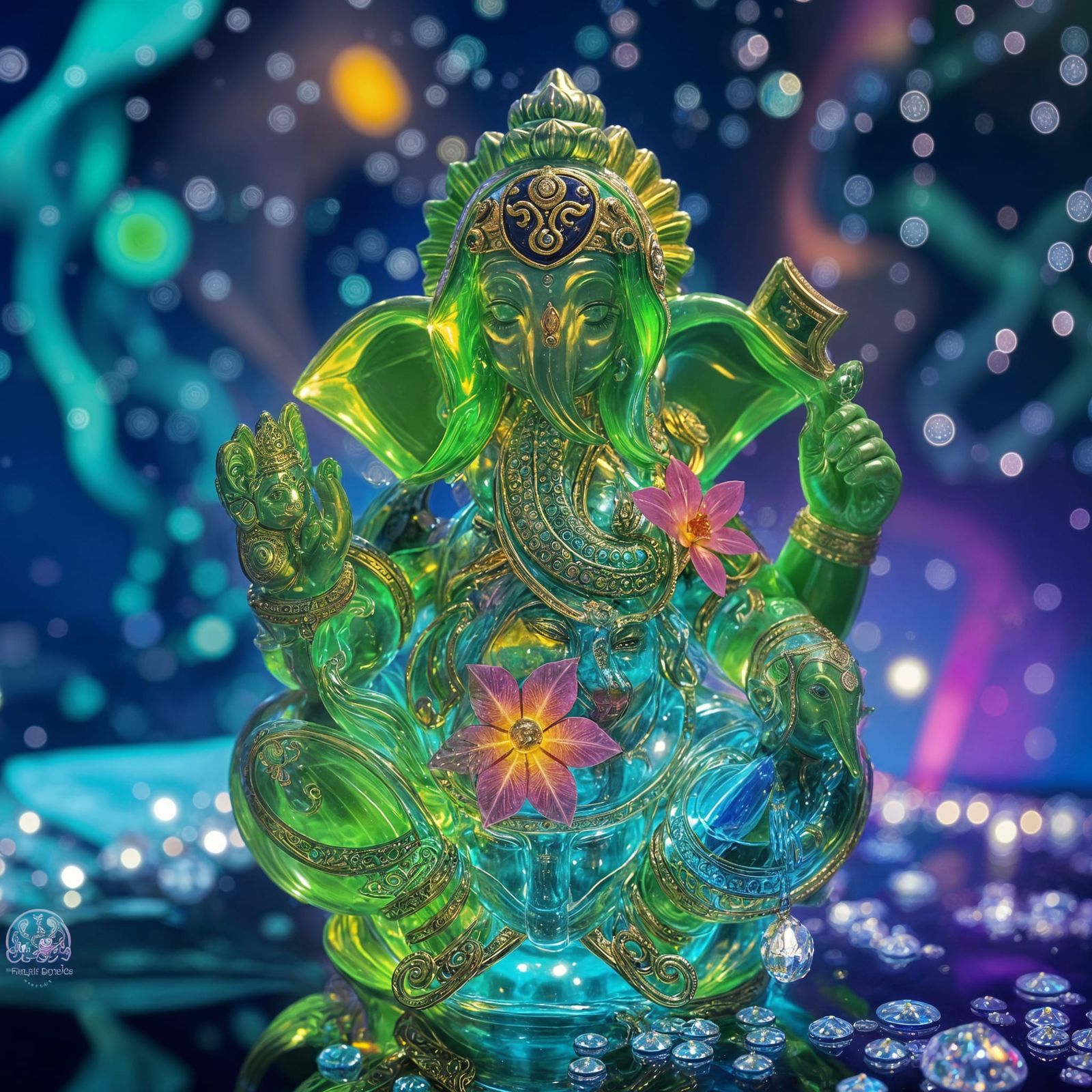 Green Ganesha in Blue Crystal Glass: Neo-Impressionist Sculp...