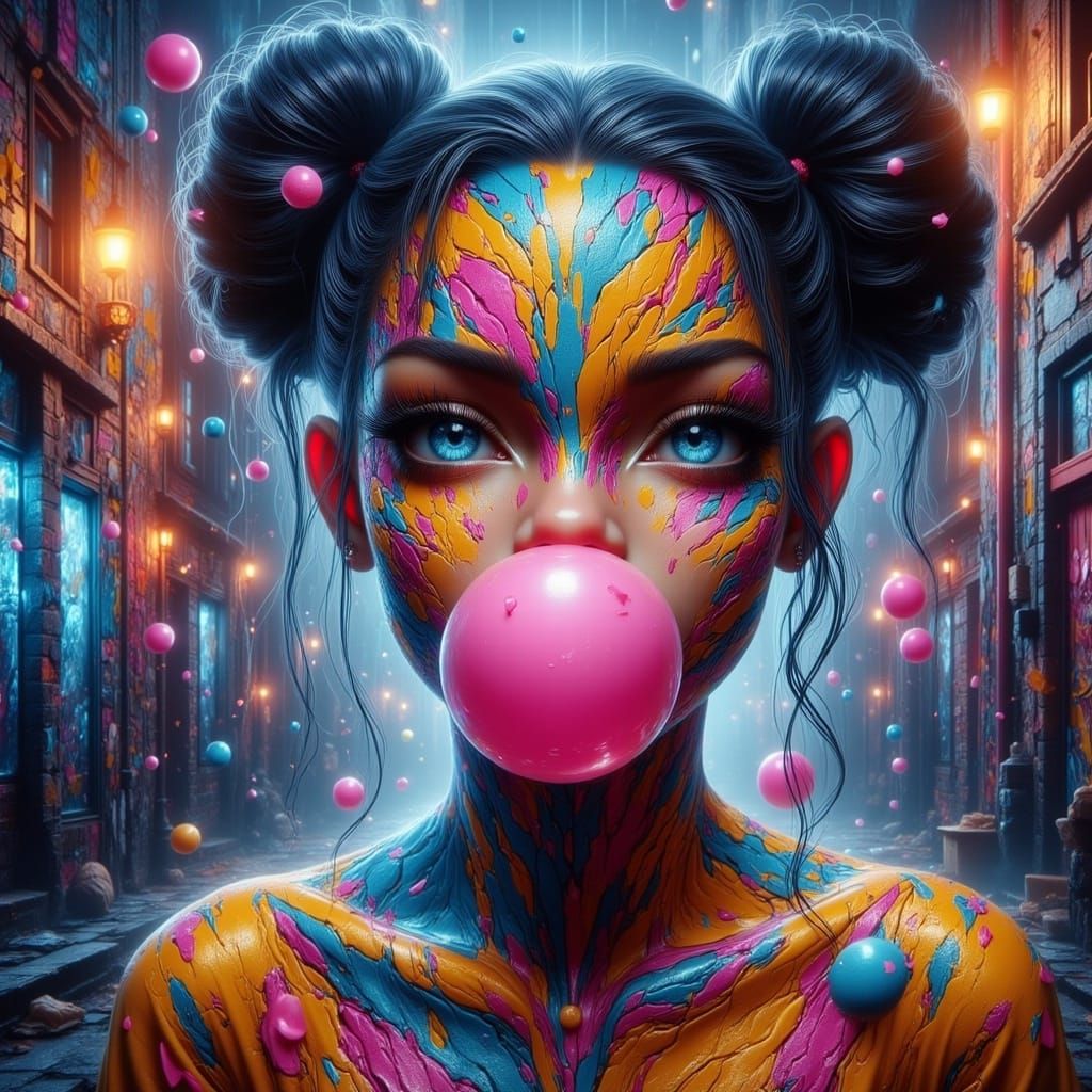 Vibrant Urban Girl Blows Shimmering Bubble Gum Bubbles in Af...