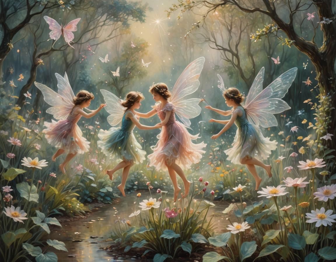 Fairies Play in Garden: Impressionist Fantasy Art