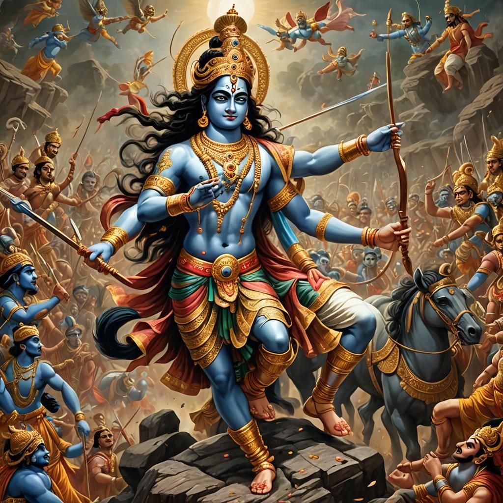 Create an image of Lord Krishna revealing his universal form (Vishvarupa) to Arjuna on the battlefield of Kurukshetra fr...