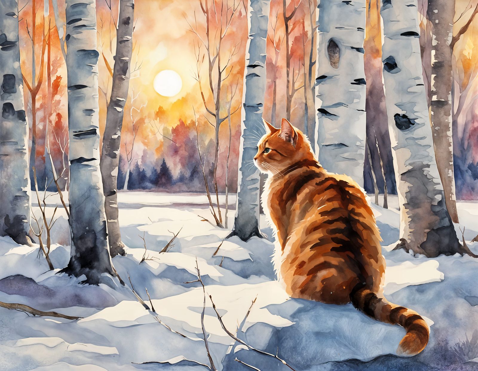 Impressionist Cat at Sunrise in Boreal Landscape