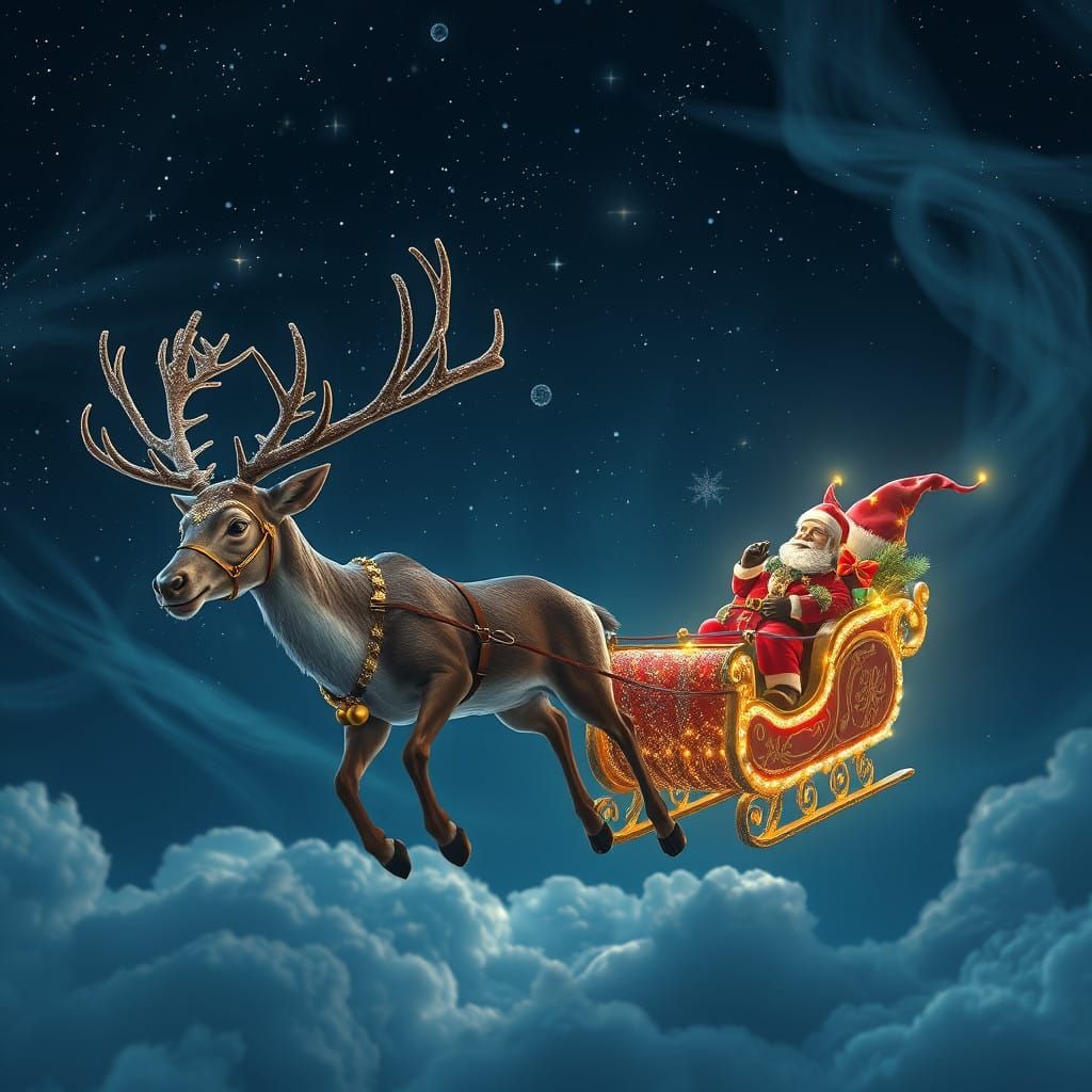 Majestic Flying Reindeer Sail Through Starry Night Sky in Wh...