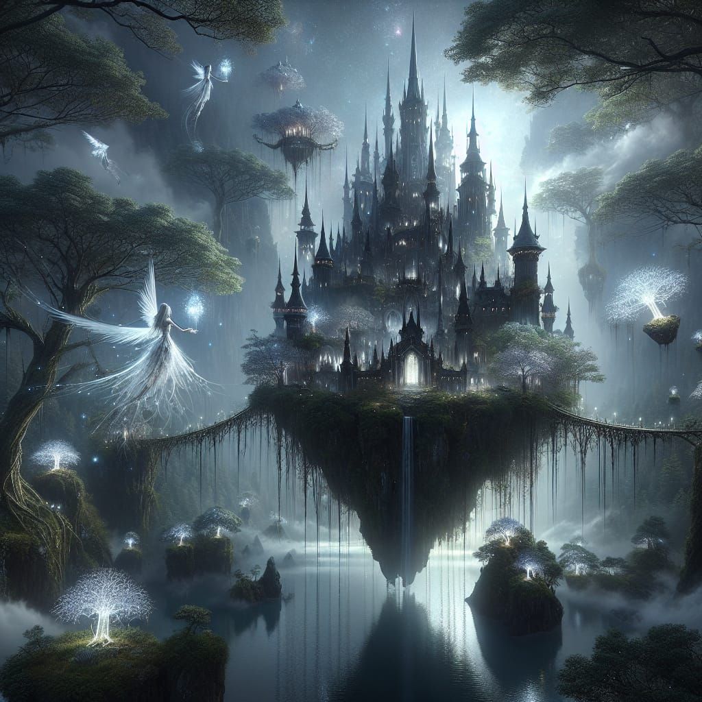 Floating Obsidian Castle in Mystical Forest