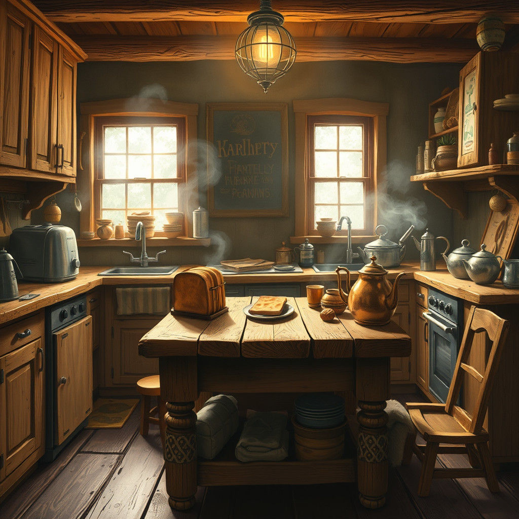 Magical Kitchen with Whimsical Appliances in Golden Light