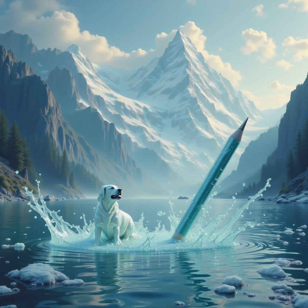 A pencil transforming the Swiss Alps into water with a sea g...