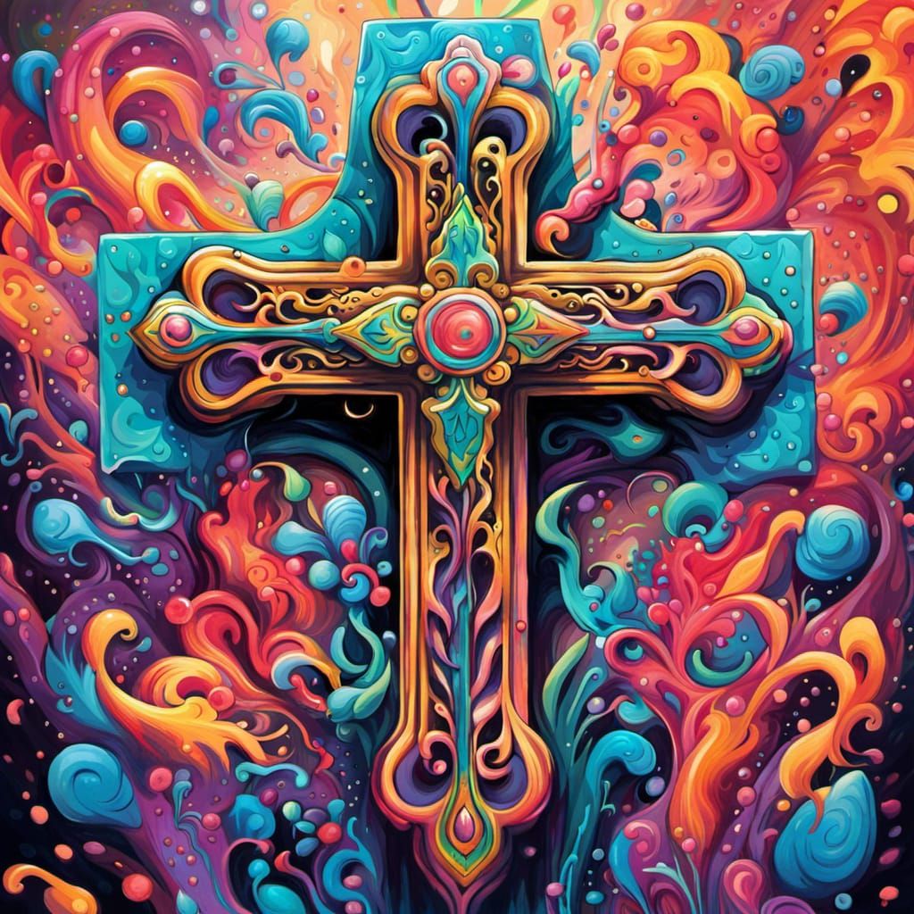 Whimsical Cross with Enchanted Background in Graffiti Art