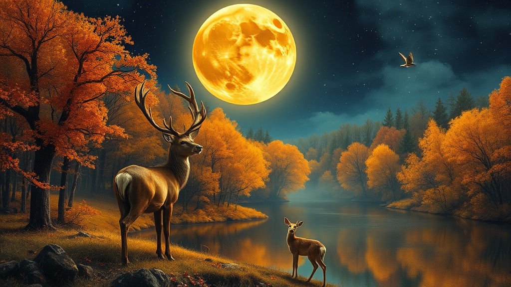 Golden Moonlit Forest with Deer: Digital Art