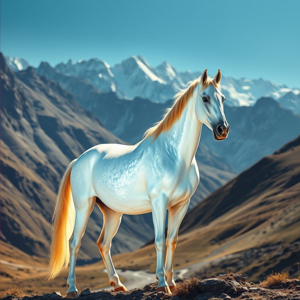 Akhal-Teke Steed Shines on Kopet Dag Mountains in Impasto St...