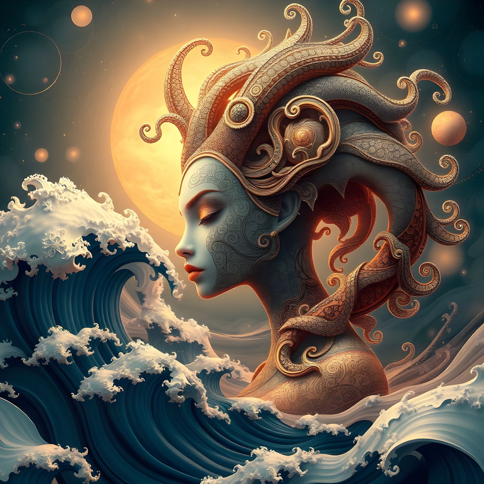 Enigmatic Thai Mystical Goddess with Fractal Waves