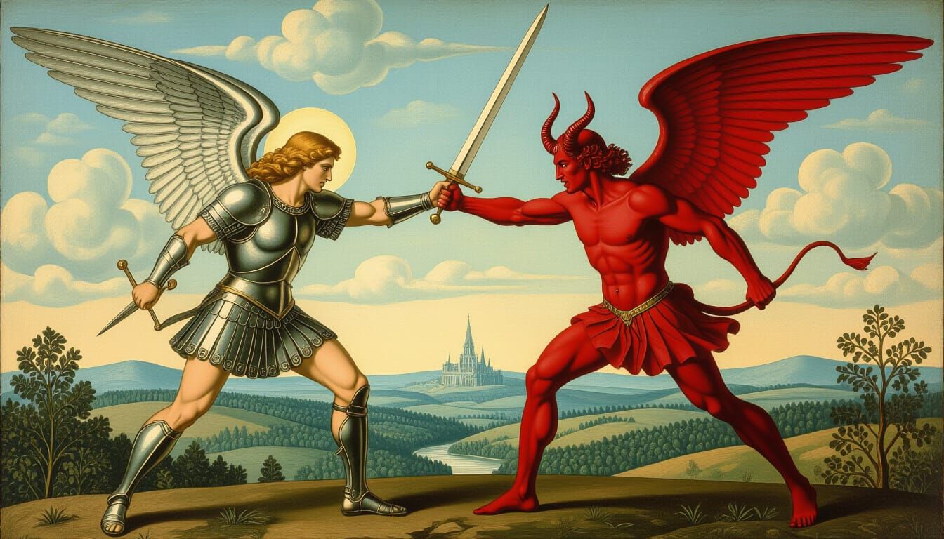 Archangel Michael Triumphs Over Satan in Belgian Art Style