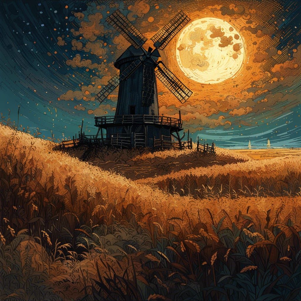 Windmill at Night With Wolf Howling