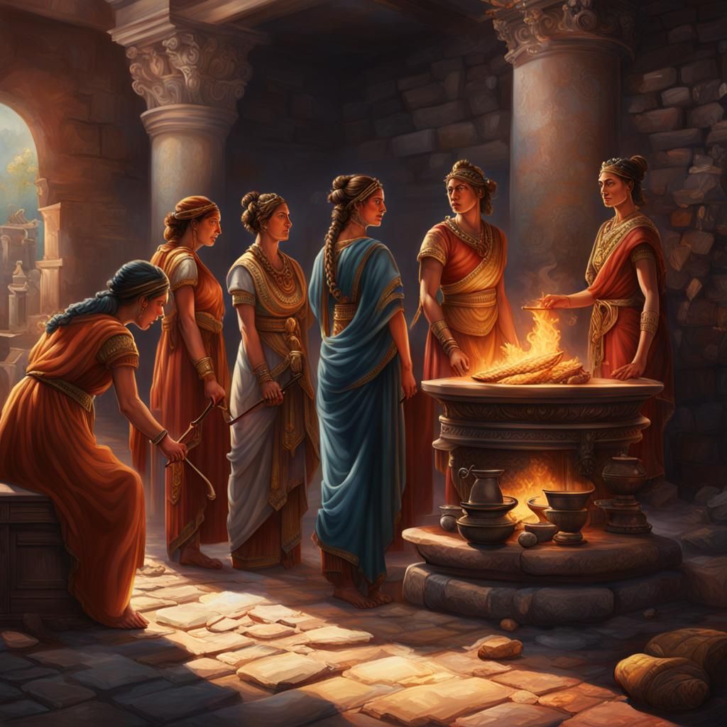 Roman Priestesses Tending a Hearth in Hyperrealism