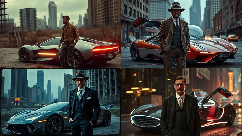 American Gentleman in Vintage Chicago, Beside a Futuristic D...